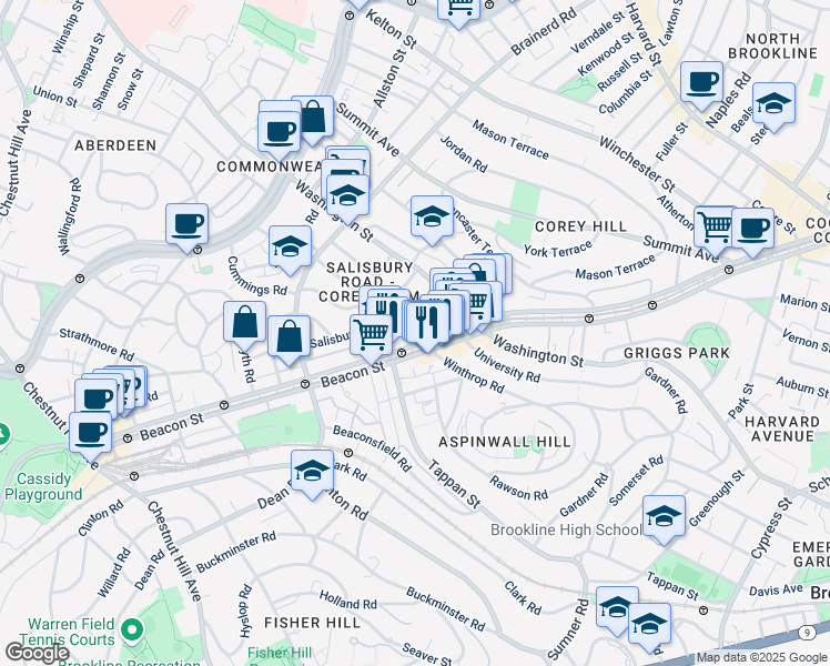 map of restaurants, bars, coffee shops, grocery stores, and more near 1674 Beacon Street in Brookline