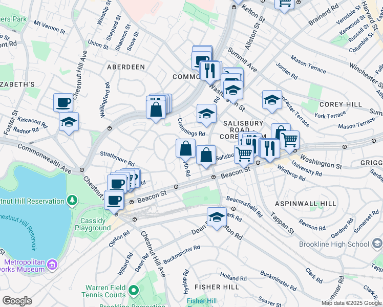 map of restaurants, bars, coffee shops, grocery stores, and more near 145 Salisbury Road in Brookline