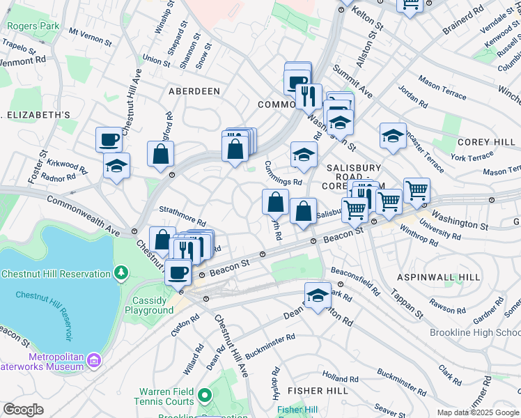 map of restaurants, bars, coffee shops, grocery stores, and more near 38 Kilsyth Road in Brookline