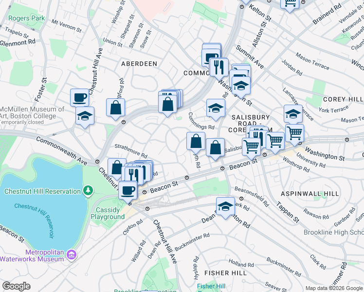 map of restaurants, bars, coffee shops, grocery stores, and more near 38 Kilsyth Road in Brookline