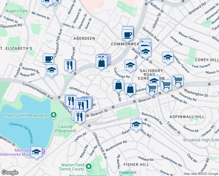 map of restaurants, bars, coffee shops, grocery stores, and more near 16 Lanark Road in Boston