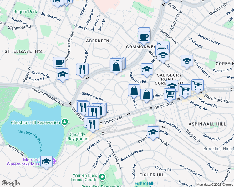map of restaurants, bars, coffee shops, grocery stores, and more near 16 Lanark Road in Boston