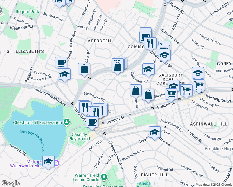 map of restaurants, bars, coffee shops, grocery stores, and more near 16 Lanark Road in Boston