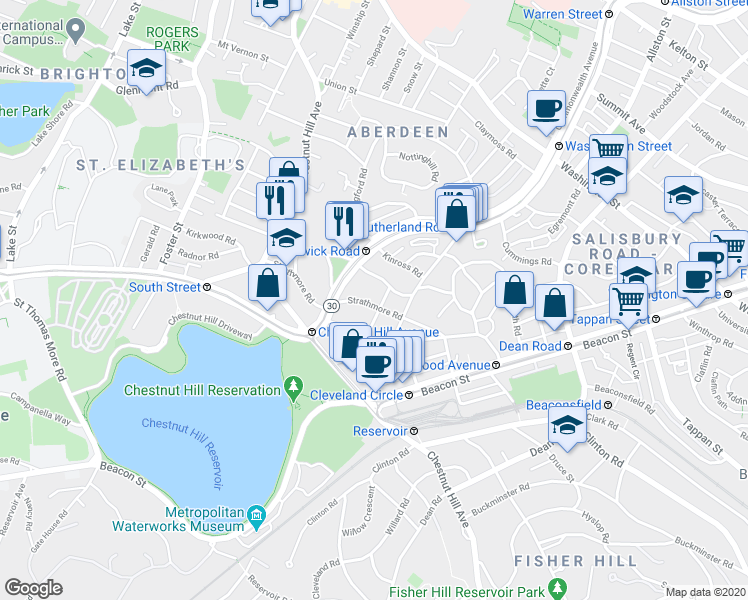map of restaurants, bars, coffee shops, grocery stores, and more near 104 Strathmore Road in Boston