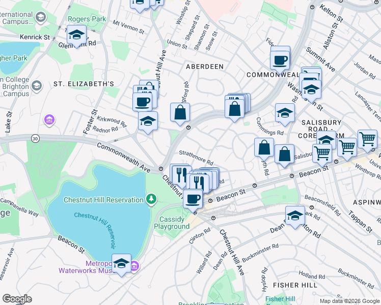 map of restaurants, bars, coffee shops, grocery stores, and more near 104 Strathmore Road in Boston