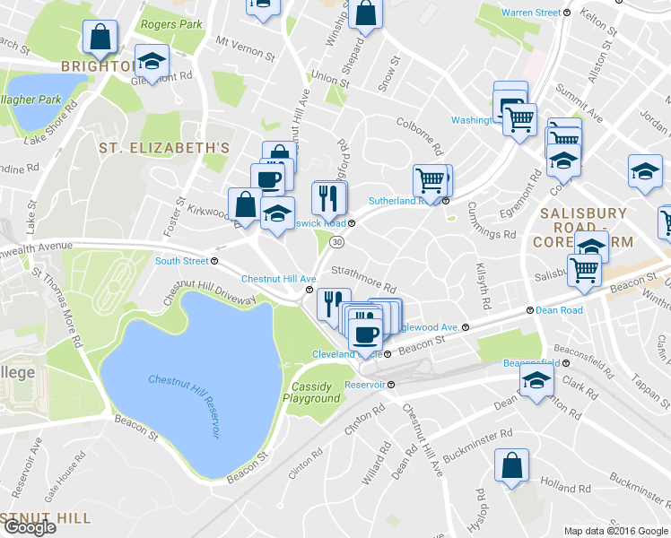 map of restaurants, bars, coffee shops, grocery stores, and more near 104 Strathmore Road in Boston