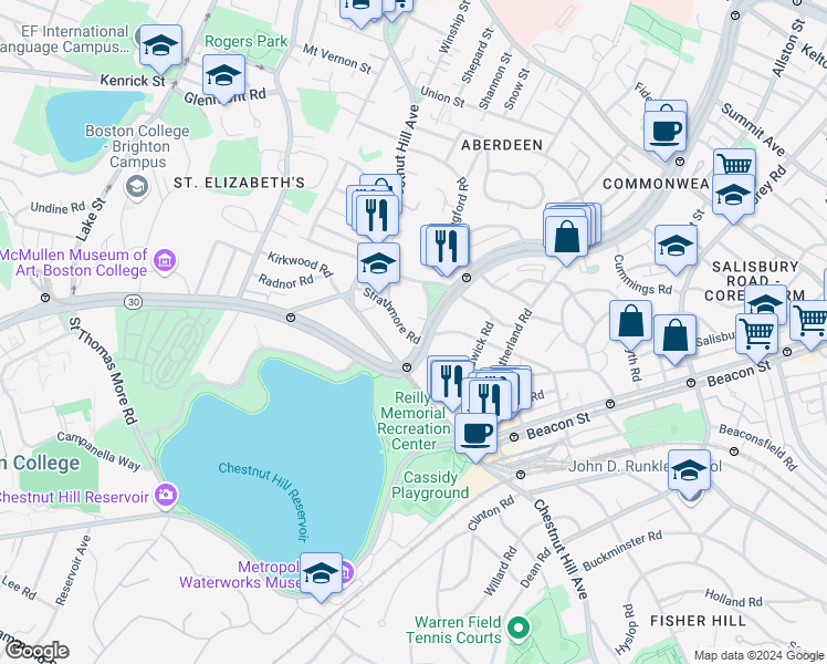 map of restaurants, bars, coffee shops, grocery stores, and more near 1848 Commonwealth Avenue in Boston