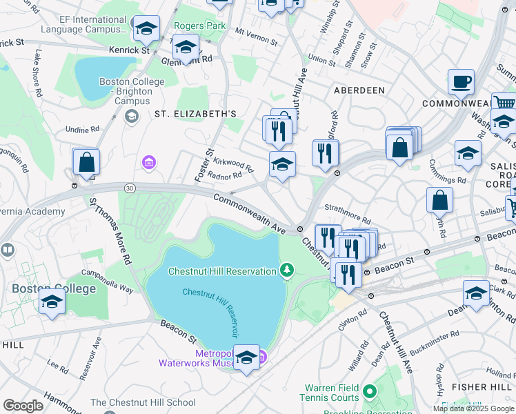 map of restaurants, bars, coffee shops, grocery stores, and more near 1931 Commonwealth Avenue in Boston