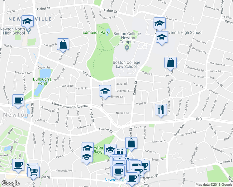 map of restaurants, bars, coffee shops, grocery stores, and more near 20 Applegarth Street in Newton