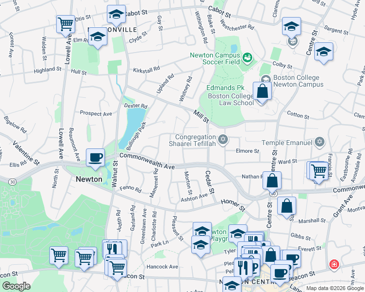 map of restaurants, bars, coffee shops, grocery stores, and more near 36 Vineyard Road in Newton