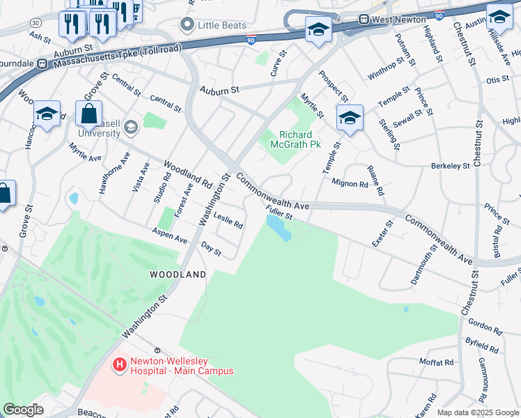 map of restaurants, bars, coffee shops, grocery stores, and more near 404 Fuller Street in Newton