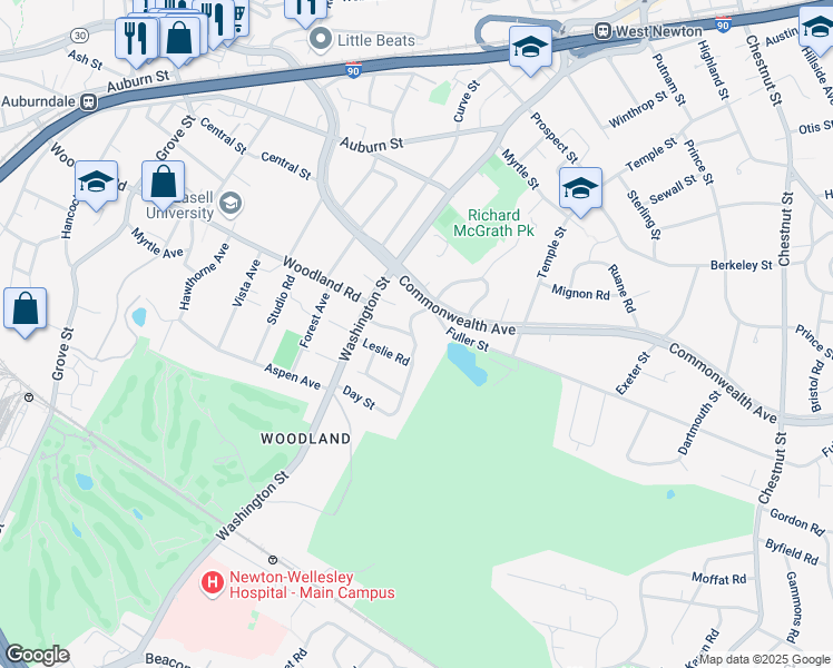 map of restaurants, bars, coffee shops, grocery stores, and more near 41 Day Street in Newton