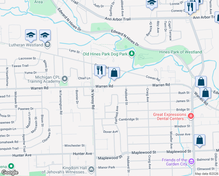 map of restaurants, bars, coffee shops, grocery stores, and more near 32533 Warren Road in Garden City