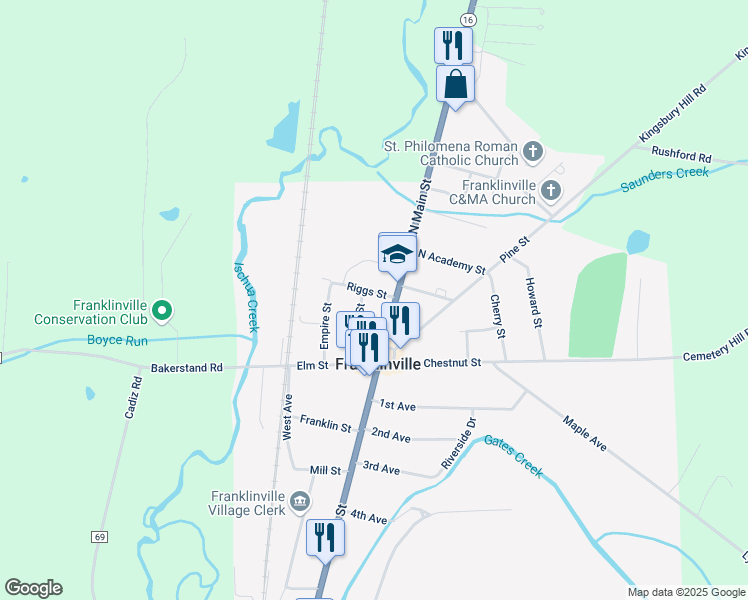 map of restaurants, bars, coffee shops, grocery stores, and more near 22 North Main Street in Franklinville