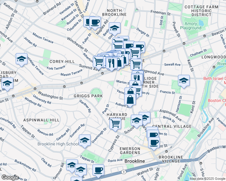 map of restaurants, bars, coffee shops, grocery stores, and more near 54 Vernon Street in Brookline