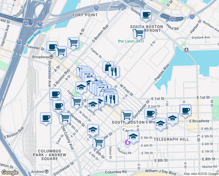 map of restaurants, bars, coffee shops, grocery stores, and more near 227 West 3rd Street in Boston