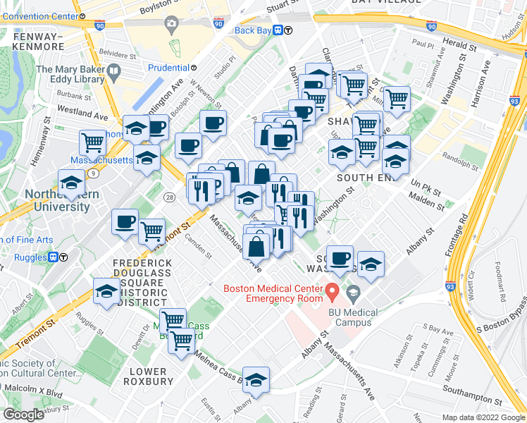map of restaurants, bars, coffee shops, grocery stores, and more near 57 Worcester Street in Boston