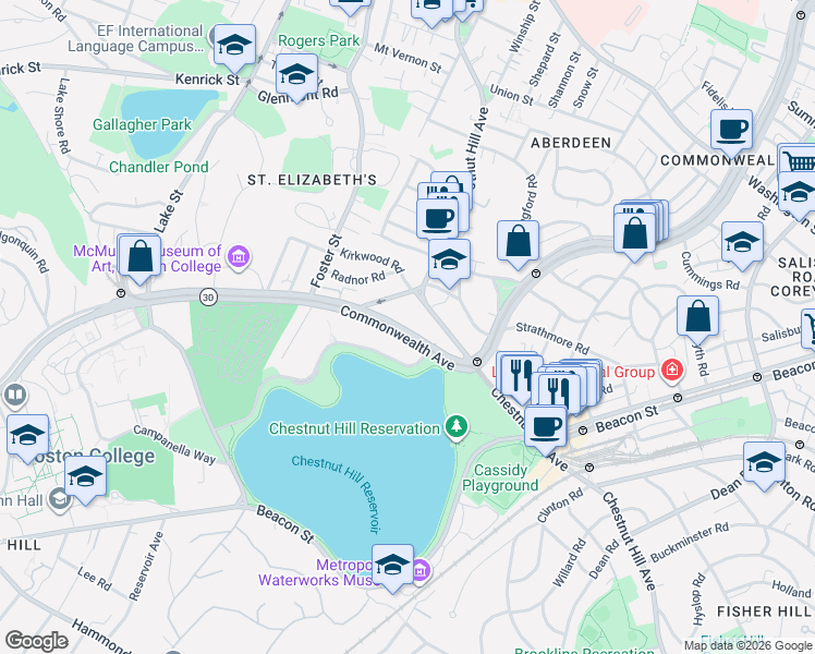 map of restaurants, bars, coffee shops, grocery stores, and more near 1931 Commonwealth Avenue in Boston