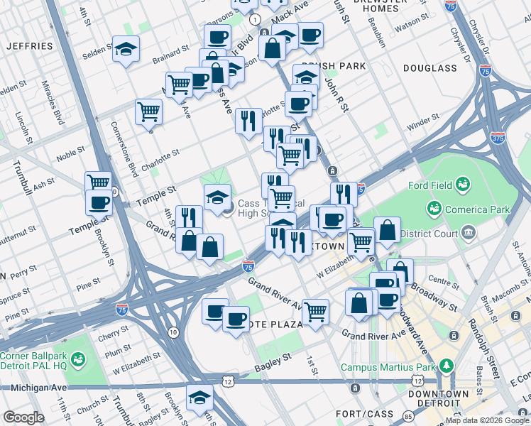 map of restaurants, bars, coffee shops, grocery stores, and more near 448 Henry Street in Detroit