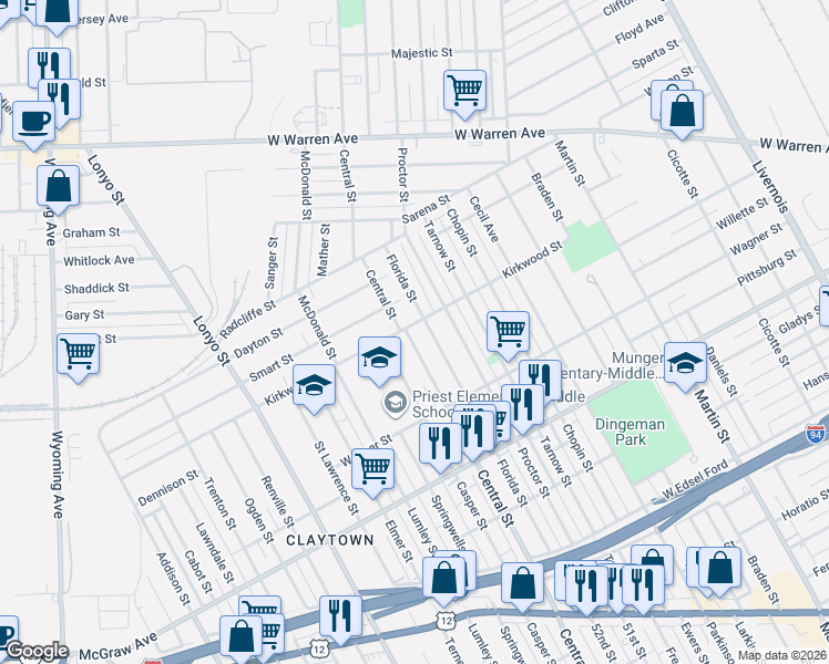map of restaurants, bars, coffee shops, grocery stores, and more near 5971 Central Avenue in Detroit