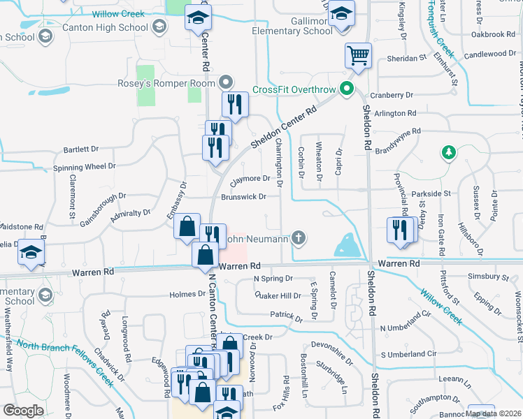map of restaurants, bars, coffee shops, grocery stores, and more near 45093 Rolling Ridge Court in Canton