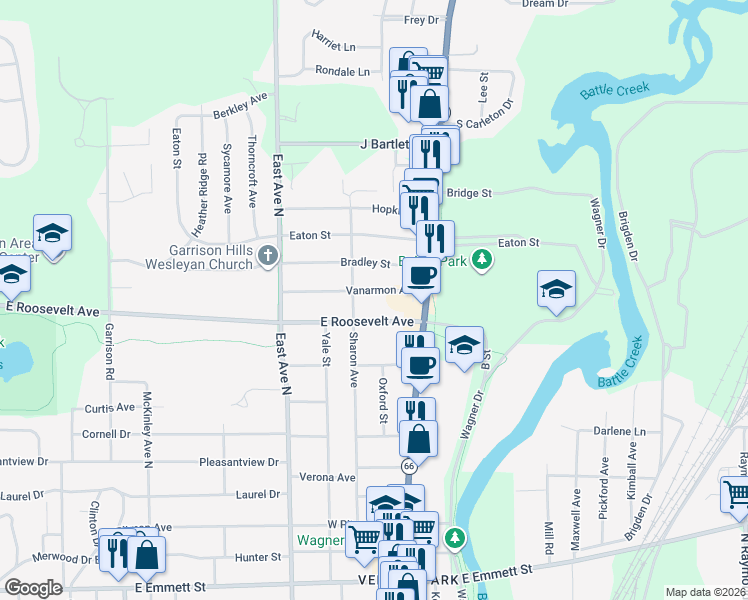 map of restaurants, bars, coffee shops, grocery stores, and more near 739 East Roosevelt Avenue in Battle Creek
