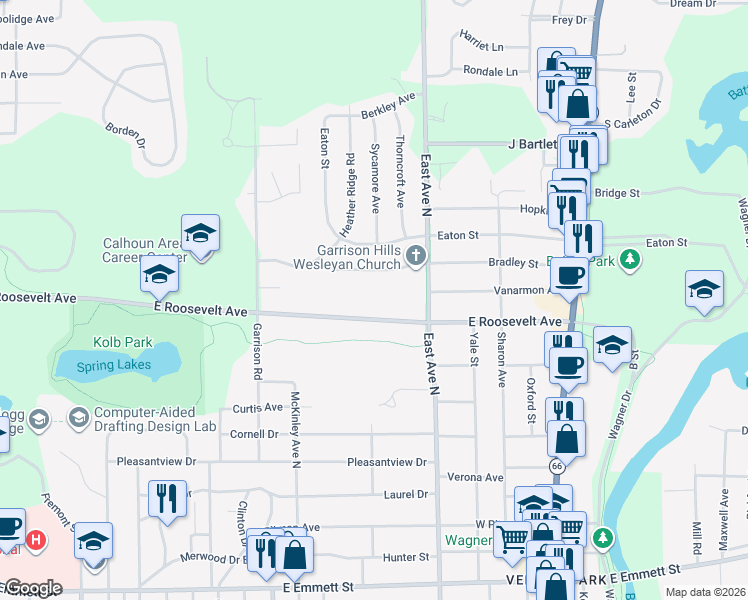 map of restaurants, bars, coffee shops, grocery stores, and more near 601 East Roosevelt Avenue in Battle Creek