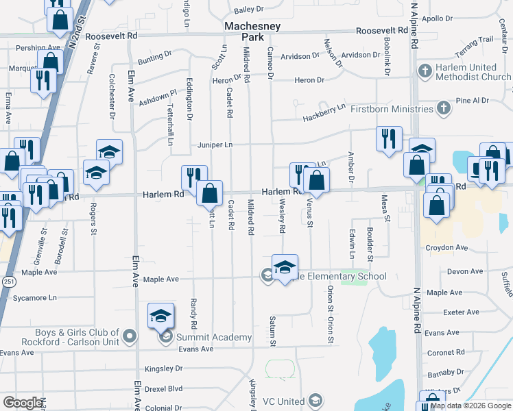 map of restaurants, bars, coffee shops, grocery stores, and more near 1306 Everett Road in Machesney Park