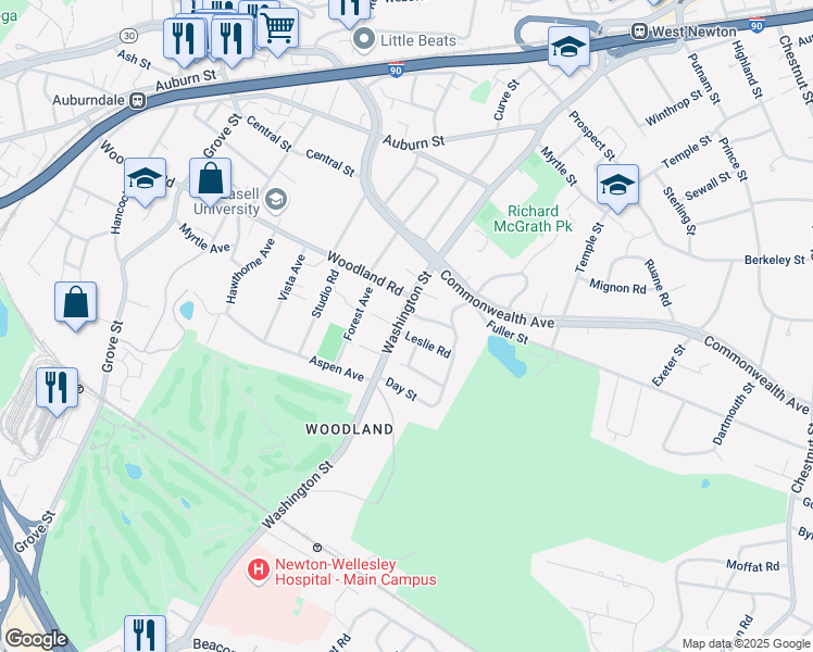 map of restaurants, bars, coffee shops, grocery stores, and more near 1754 Washington Street in Newton
