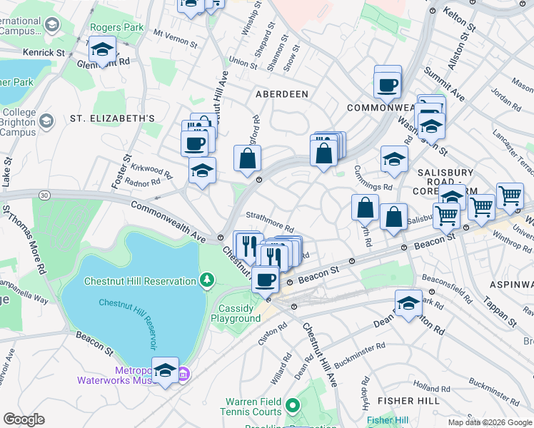 map of restaurants, bars, coffee shops, grocery stores, and more near 97 Strathmore Road in Boston