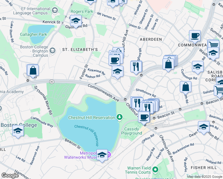 map of restaurants, bars, coffee shops, grocery stores, and more near 1931 Commonwealth Avenue in Boston