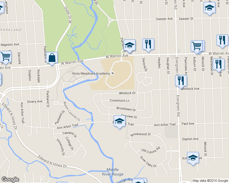 map of restaurants, bars, coffee shops, grocery stores, and more near 20848 Whitlock Drive in Dearborn Heights
