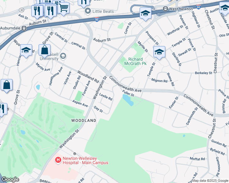 map of restaurants, bars, coffee shops, grocery stores, and more near 41 Day Street in Newton