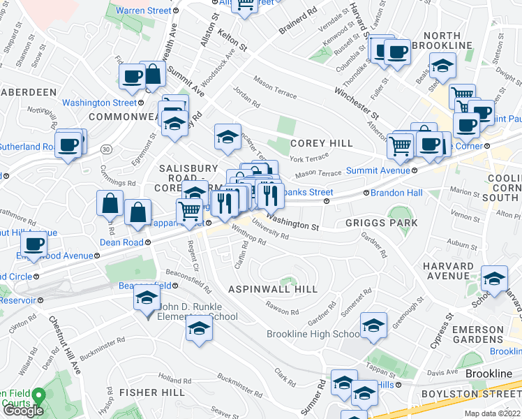 map of restaurants, bars, coffee shops, grocery stores, and more near Washington St & Beacon St in Brookline