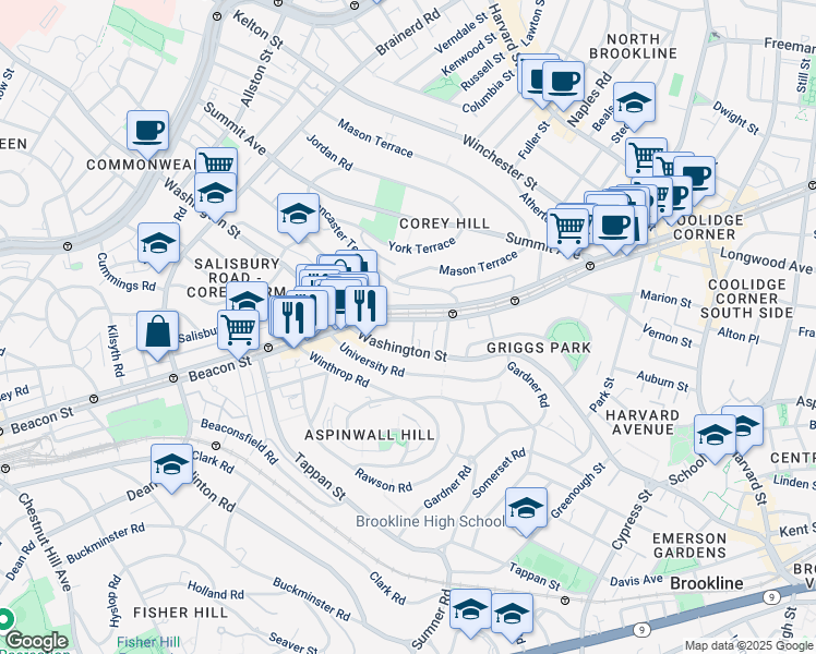 map of restaurants, bars, coffee shops, grocery stores, and more near 1581 Beacon Street in Brookline