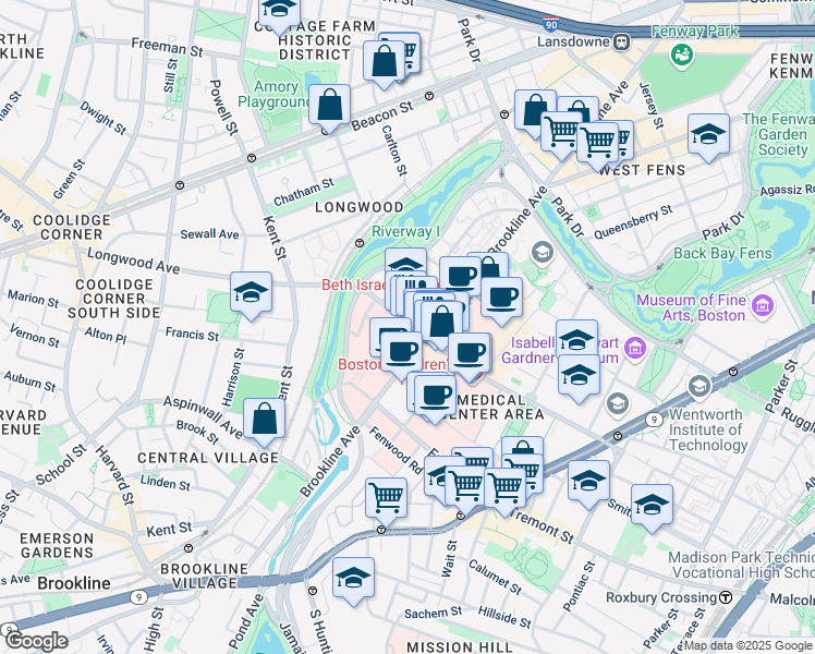 map of restaurants, bars, coffee shops, grocery stores, and more near 360 Longwood Avenue in Boston