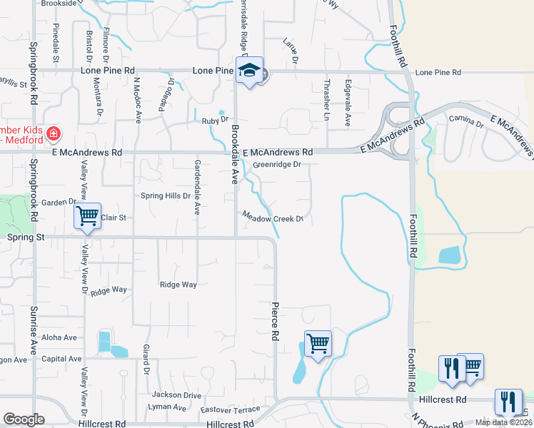 map of restaurants, bars, coffee shops, grocery stores, and more near 1103 Riverrock Way in Medford