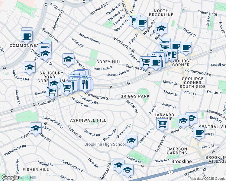 map of restaurants, bars, coffee shops, grocery stores, and more near in Brookline