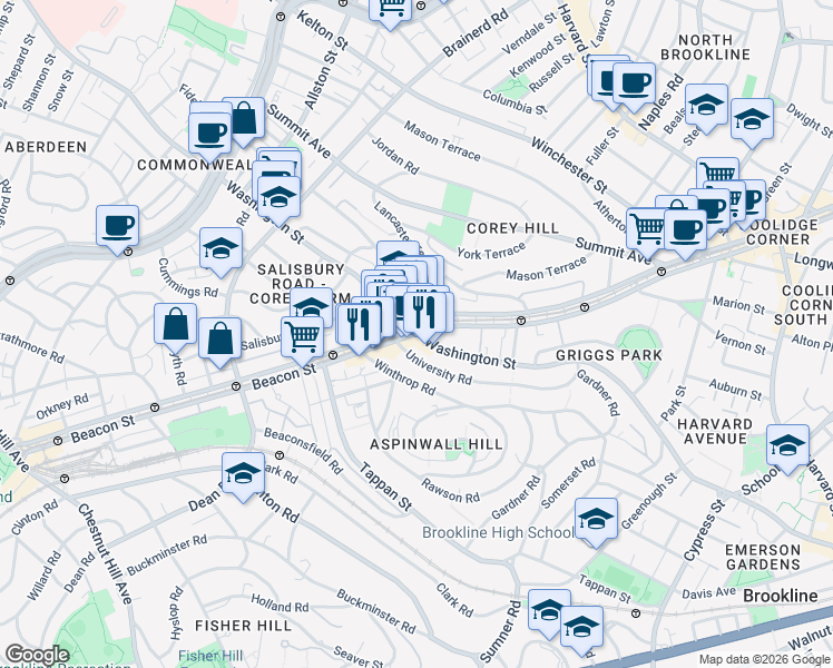 map of restaurants, bars, coffee shops, grocery stores, and more near in Brookline