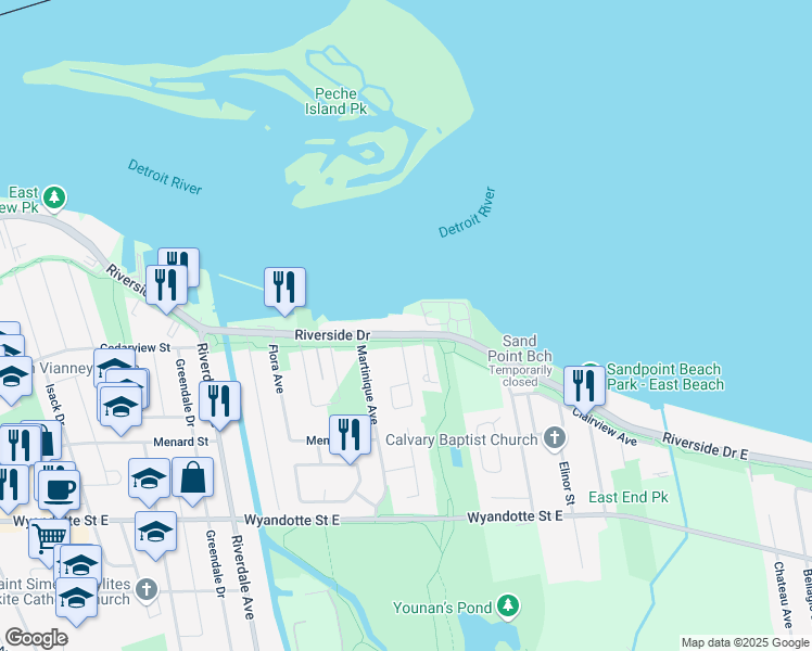 map of restaurants, bars, coffee shops, grocery stores, and more near 9990 Riverside Drive East in Windsor