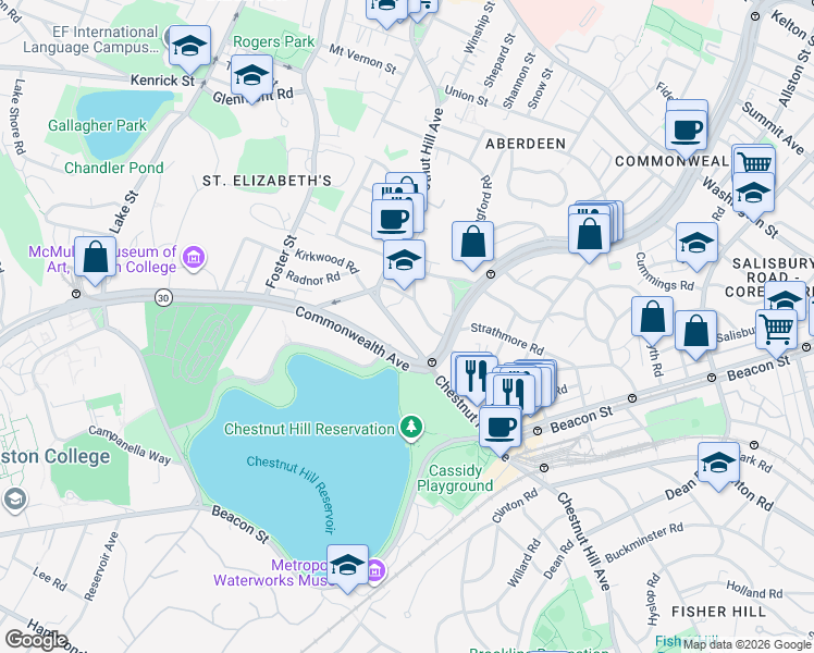 map of restaurants, bars, coffee shops, grocery stores, and more near 266 Chestnut Hill Avenue in Brighton