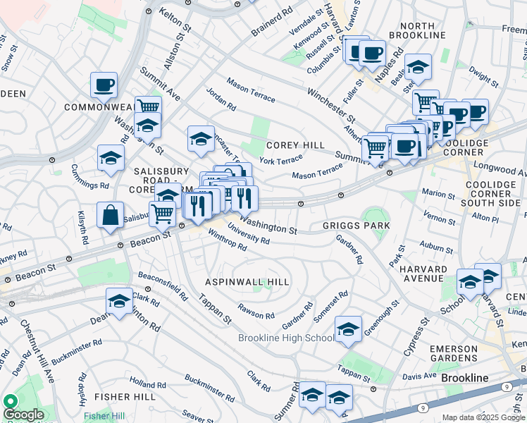 map of restaurants, bars, coffee shops, grocery stores, and more near 1589 Beacon Street in Brookline