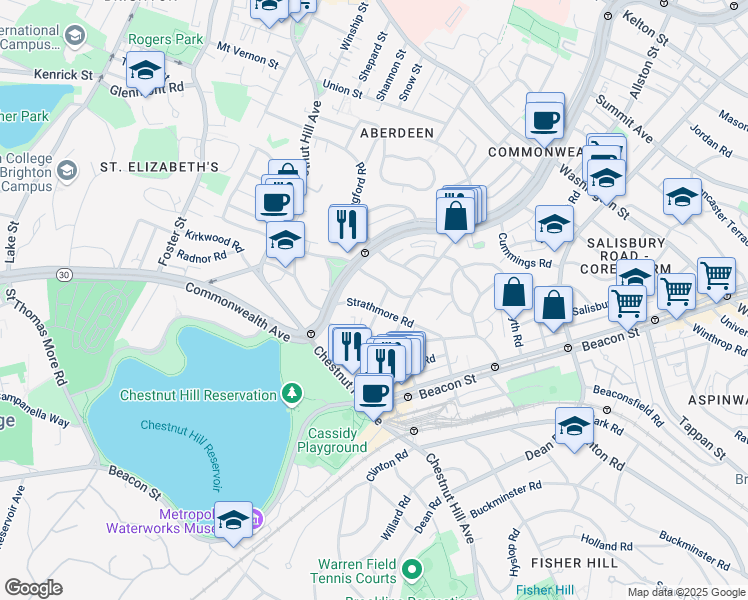 map of restaurants, bars, coffee shops, grocery stores, and more near 104 Strathmore Road in Boston