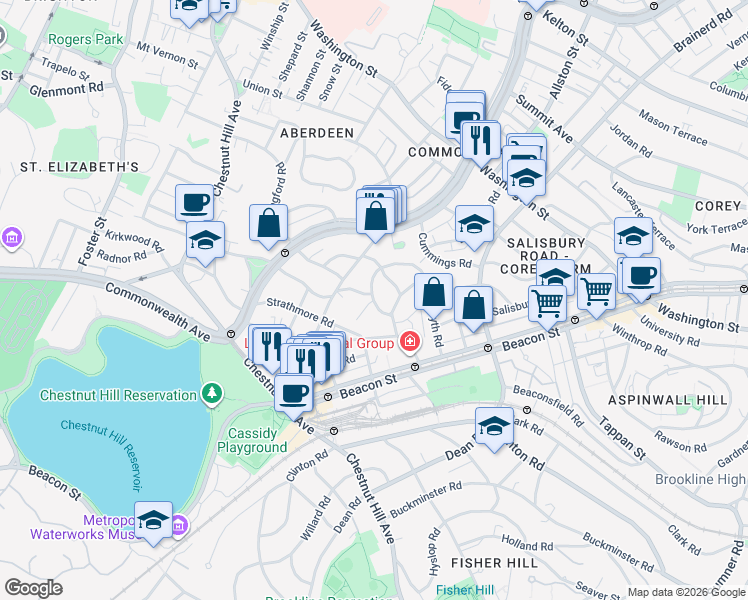 map of restaurants, bars, coffee shops, grocery stores, and more near 16 Lanark Road in Boston
