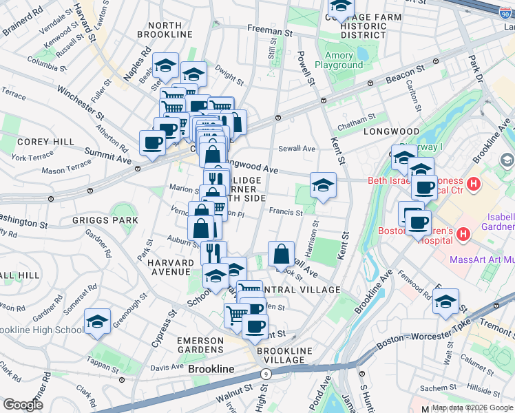 map of restaurants, bars, coffee shops, grocery stores, and more near 70 Saint Paul Street in Brookline