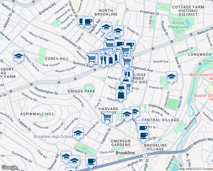 map of restaurants, bars, coffee shops, grocery stores, and more near 54 Vernon Street in Brookline