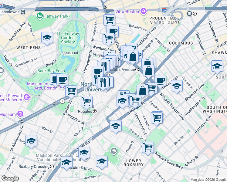 map of restaurants, bars, coffee shops, grocery stores, and more near 316 Huntington Avenue in Boston