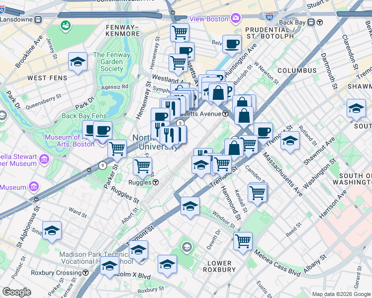 map of restaurants, bars, coffee shops, grocery stores, and more near 360 Huntington Avenue in Boston