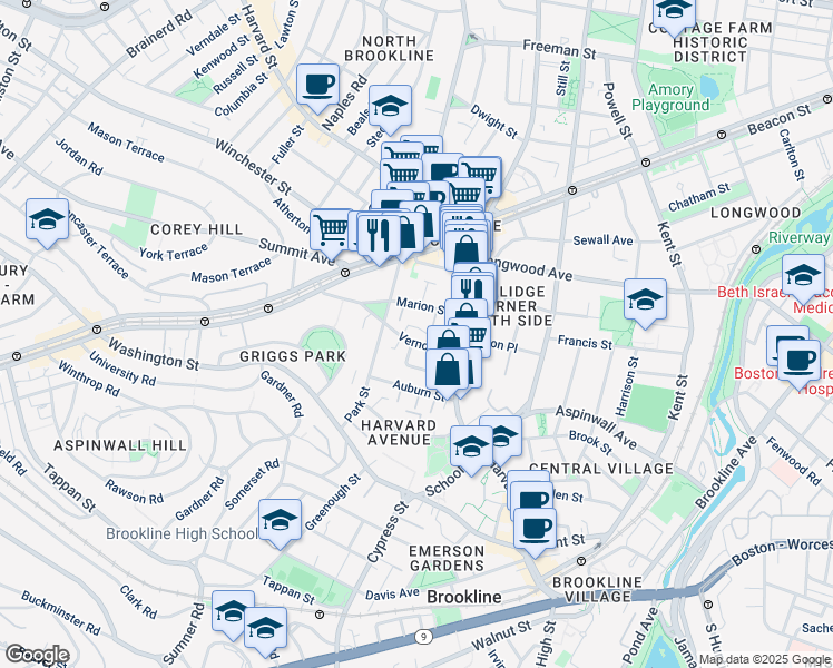 map of restaurants, bars, coffee shops, grocery stores, and more near 27 Vernon Street in Brookline