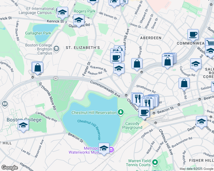 map of restaurants, bars, coffee shops, grocery stores, and more near 1931 Commonwealth Avenue in Boston
